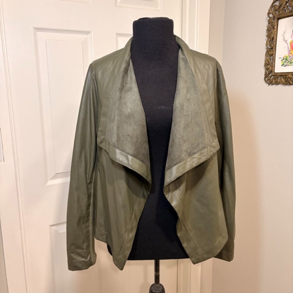 BB Dakota Peppin Drape Front Faux Leather Jacket in Olive Green, Small